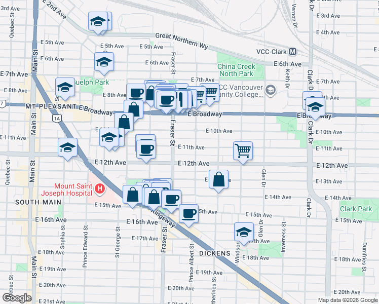 map of restaurants, bars, coffee shops, grocery stores, and more near 768 East 11th Avenue in Vancouver