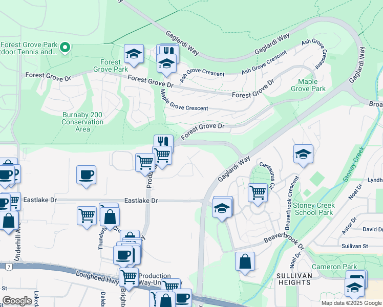 map of restaurants, bars, coffee shops, grocery stores, and more near 8589 Baxter Place in Burnaby
