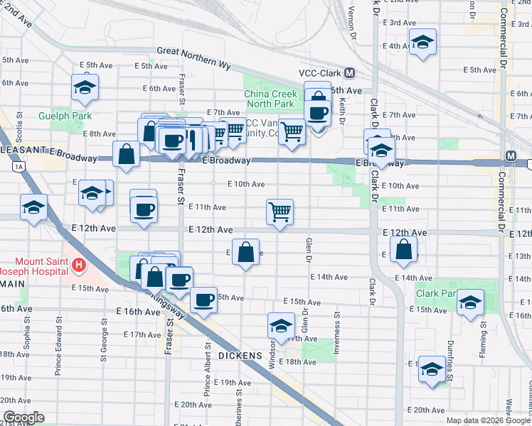 map of restaurants, bars, coffee shops, grocery stores, and more near 962 East 11th Avenue in Vancouver