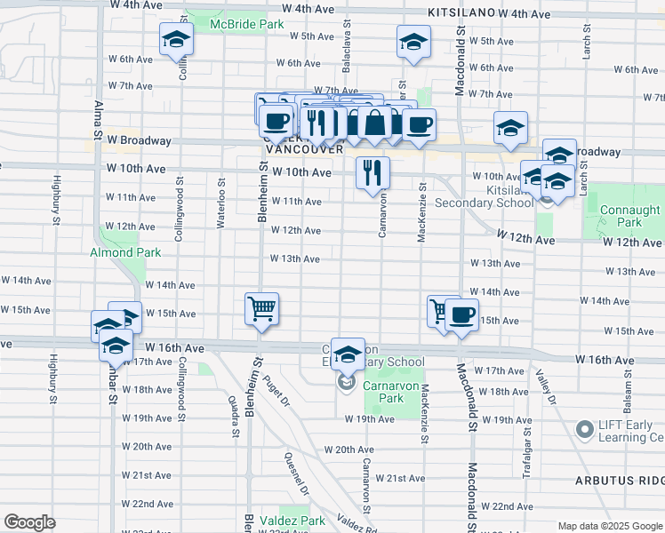 map of restaurants, bars, coffee shops, grocery stores, and more near 3116 West 13th Avenue in Vancouver