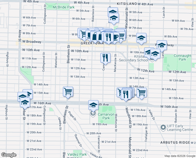 map of restaurants, bars, coffee shops, grocery stores, and more near 3036 West 13th Avenue in Vancouver