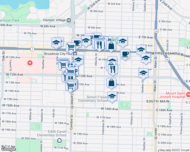 map of restaurants, bars, coffee shops, grocery stores, and more near 301 West 12th Avenue in Vancouver