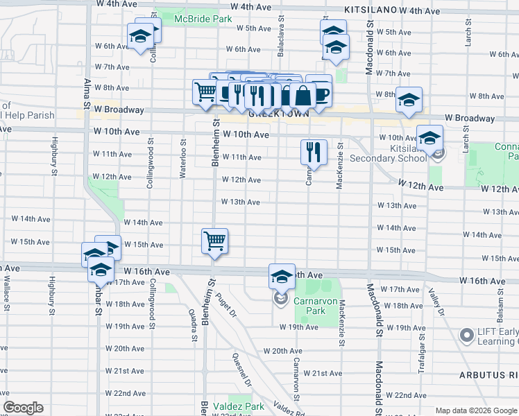 map of restaurants, bars, coffee shops, grocery stores, and more near 3156 West 13th Avenue in Vancouver
