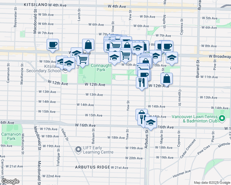 map of restaurants, bars, coffee shops, grocery stores, and more near 2267 West 13th Avenue in Vancouver