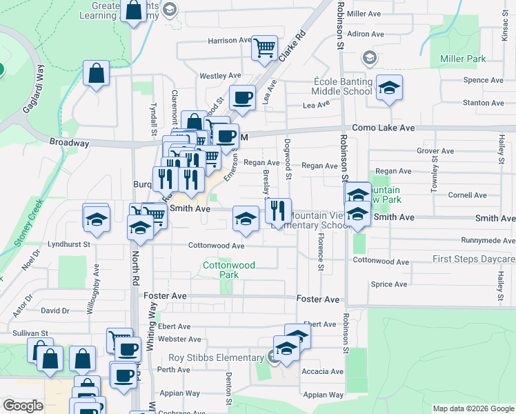 map of restaurants, bars, coffee shops, grocery stores, and more near 617 Smith Avenue in Coquitlam
