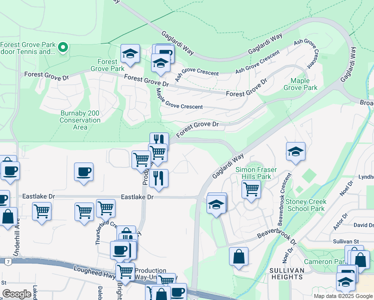 map of restaurants, bars, coffee shops, grocery stores, and more near 8555-8589 Baxter Place in Burnaby