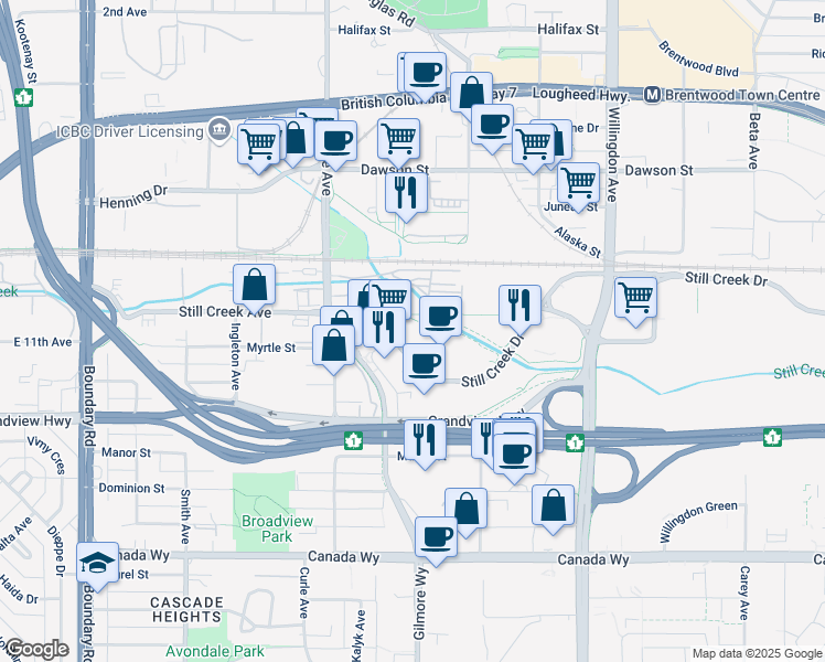 map of restaurants, bars, coffee shops, grocery stores, and more near 4185 Still Creek Drive in Burnaby