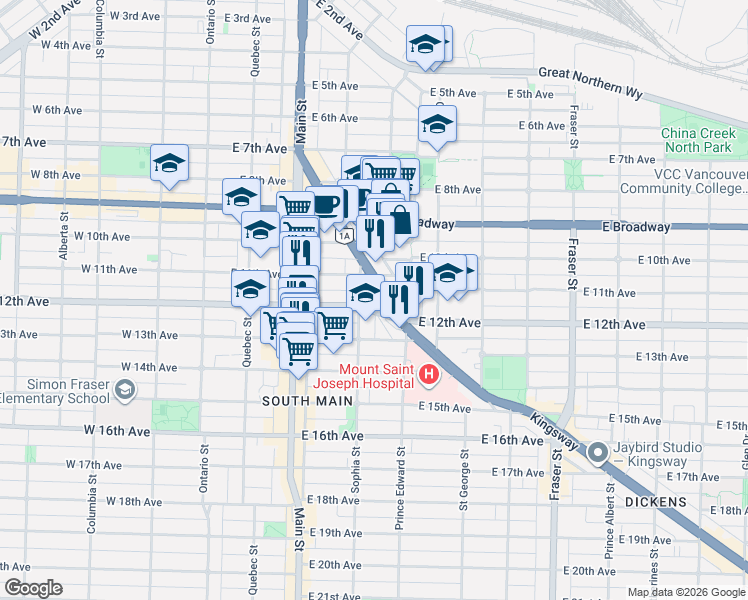 map of restaurants, bars, coffee shops, grocery stores, and more near 2770 Sophia Street in Vancouver