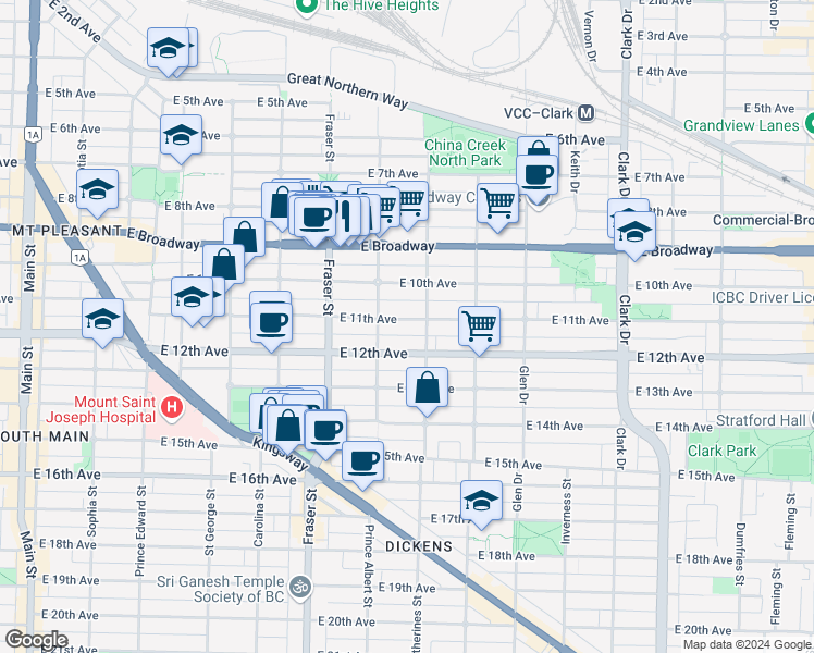 map of restaurants, bars, coffee shops, grocery stores, and more near 848 East 11th Avenue in Vancouver