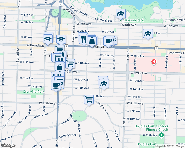 map of restaurants, bars, coffee shops, grocery stores, and more near in Vancouver