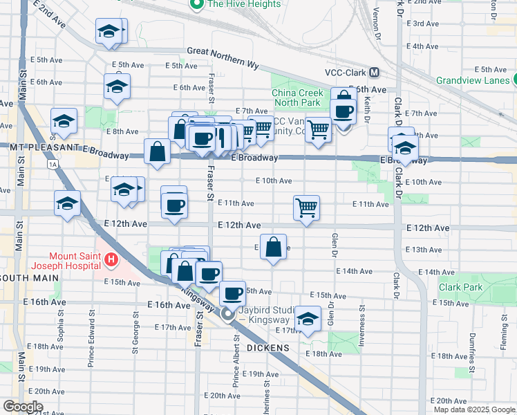 map of restaurants, bars, coffee shops, grocery stores, and more near 842 East 11th Avenue in Vancouver