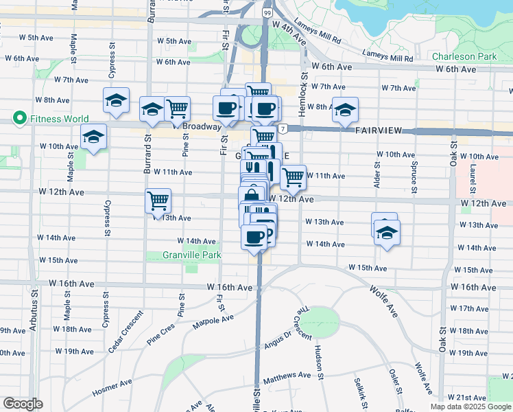 map of restaurants, bars, coffee shops, grocery stores, and more near in Vancouver