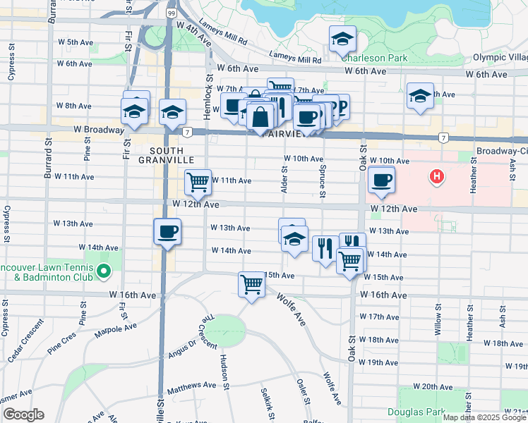 map of restaurants, bars, coffee shops, grocery stores, and more near 1250 West 12th Avenue in Vancouver