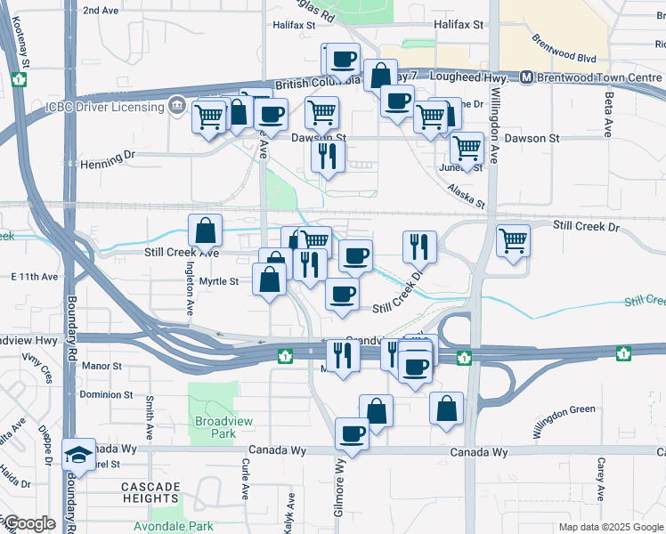 map of restaurants, bars, coffee shops, grocery stores, and more near 4185 Still Creek Drive in Burnaby