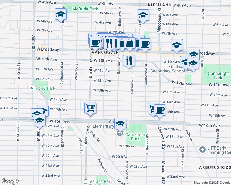 map of restaurants, bars, coffee shops, grocery stores, and more near 3116 West 13th Avenue in Vancouver