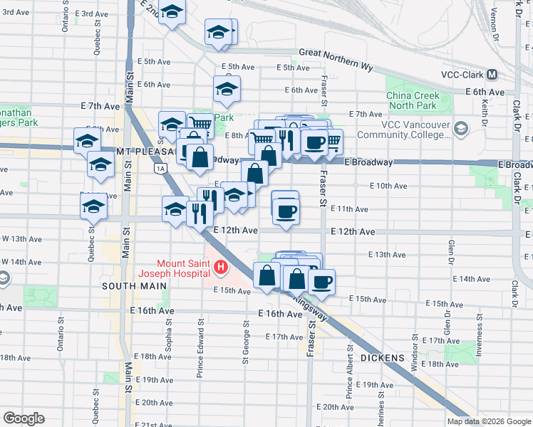 map of restaurants, bars, coffee shops, grocery stores, and more near 518 East 11th Avenue in Vancouver