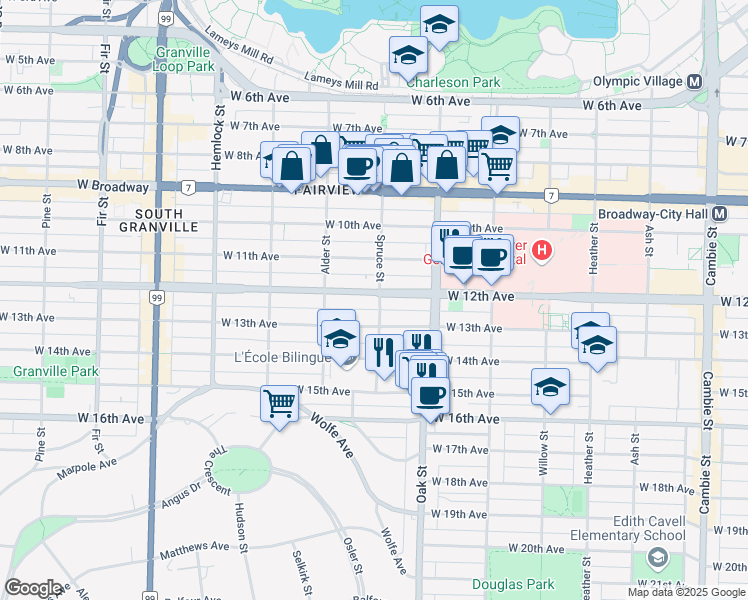 map of restaurants, bars, coffee shops, grocery stores, and more near 2825 Spruce Street in Vancouver