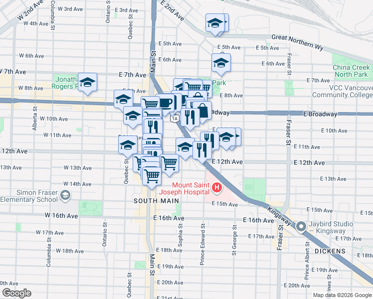 map of restaurants, bars, coffee shops, grocery stores, and more near 2770 Sophia Street in Vancouver