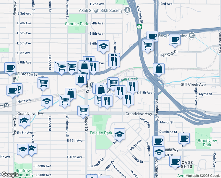 map of restaurants, bars, coffee shops, grocery stores, and more near Cornett Rd in Vancouver