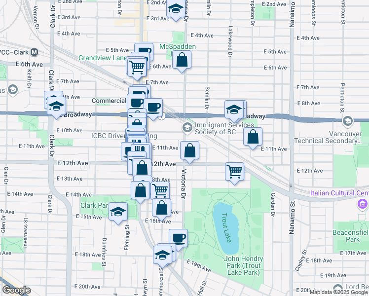 map of restaurants, bars, coffee shops, grocery stores, and more near 1867 East 11th Avenue in Vancouver