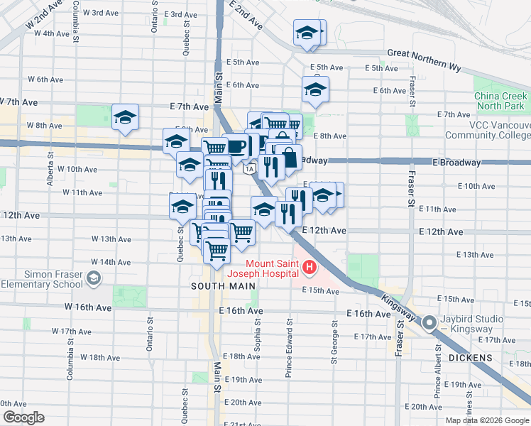 map of restaurants, bars, coffee shops, grocery stores, and more near 2770 Sophia Street in Vancouver
