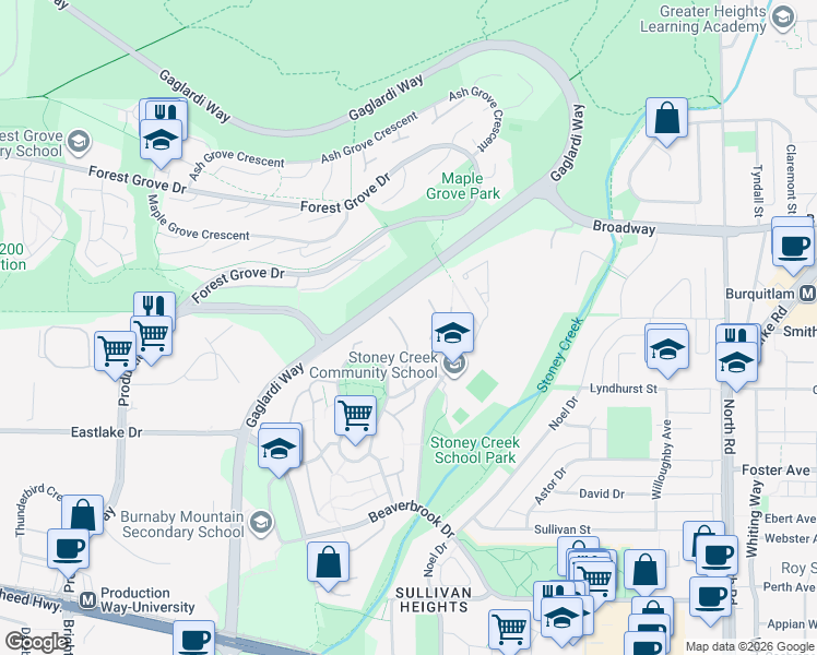 map of restaurants, bars, coffee shops, grocery stores, and more near 9145 Saturna Drive in Burnaby