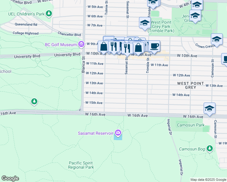 map of restaurants, bars, coffee shops, grocery stores, and more near 4557 West 14th Avenue in Vancouver