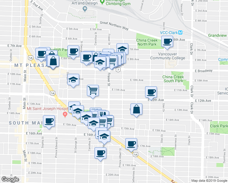 map of restaurants, bars, coffee shops, grocery stores, and more near 730 East 11th Avenue in Vancouver