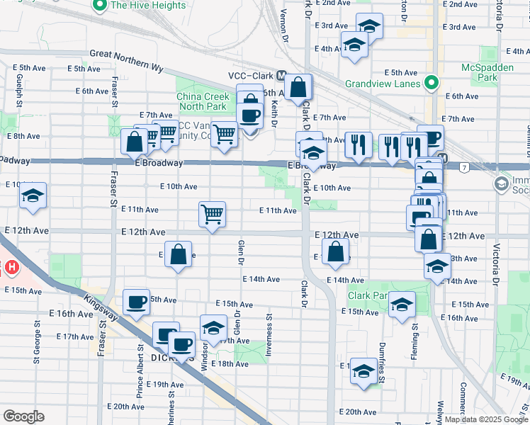 map of restaurants, bars, coffee shops, grocery stores, and more near 1158 East 11th Avenue in Vancouver
