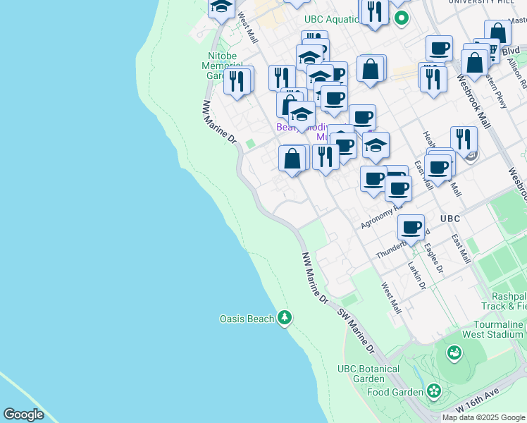 map of restaurants, bars, coffee shops, grocery stores, and more near 6648 Northwest Marine Drive in Vancouver