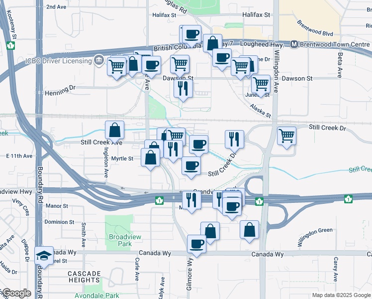 map of restaurants, bars, coffee shops, grocery stores, and more near 4185 Still Creek Drive in Burnaby