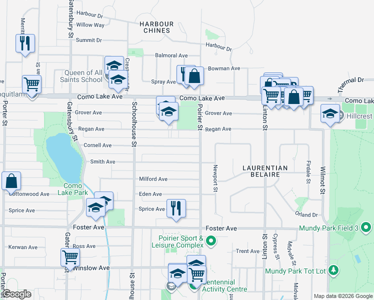 map of restaurants, bars, coffee shops, grocery stores, and more near 1684 Cornell Avenue in Coquitlam