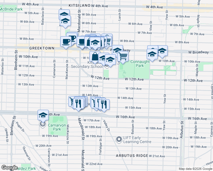 map of restaurants, bars, coffee shops, grocery stores, and more near 2575 West 13th Avenue in Vancouver