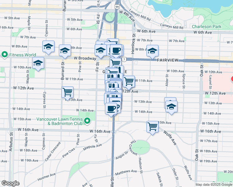 map of restaurants, bars, coffee shops, grocery stores, and more near in Vancouver