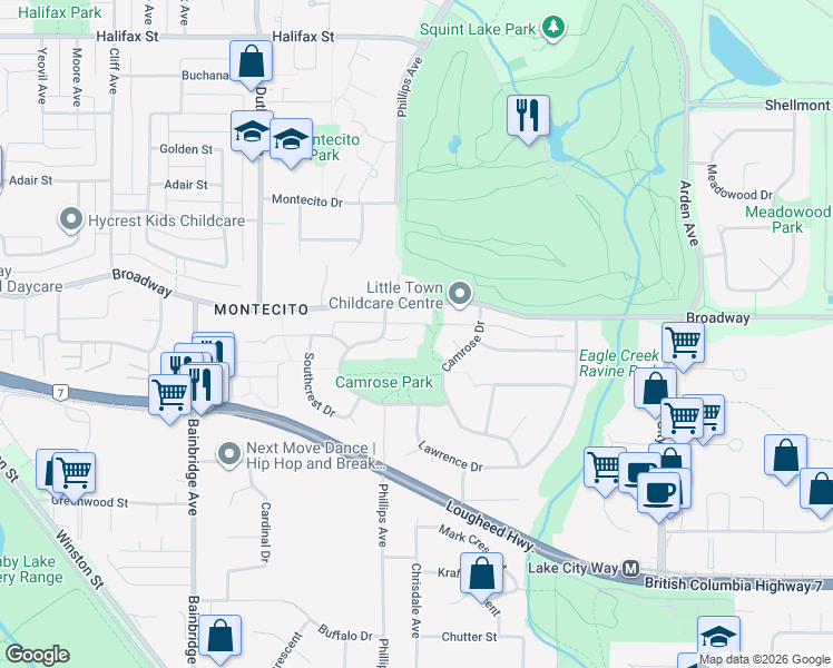 map of restaurants, bars, coffee shops, grocery stores, and more near 7455 Falkland Street in Burnaby