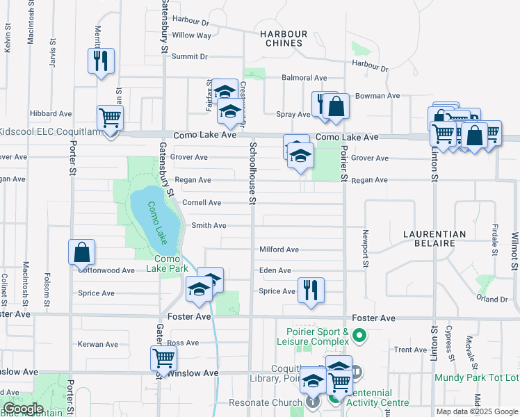 map of restaurants, bars, coffee shops, grocery stores, and more near 1508 Cornell Avenue in Coquitlam
