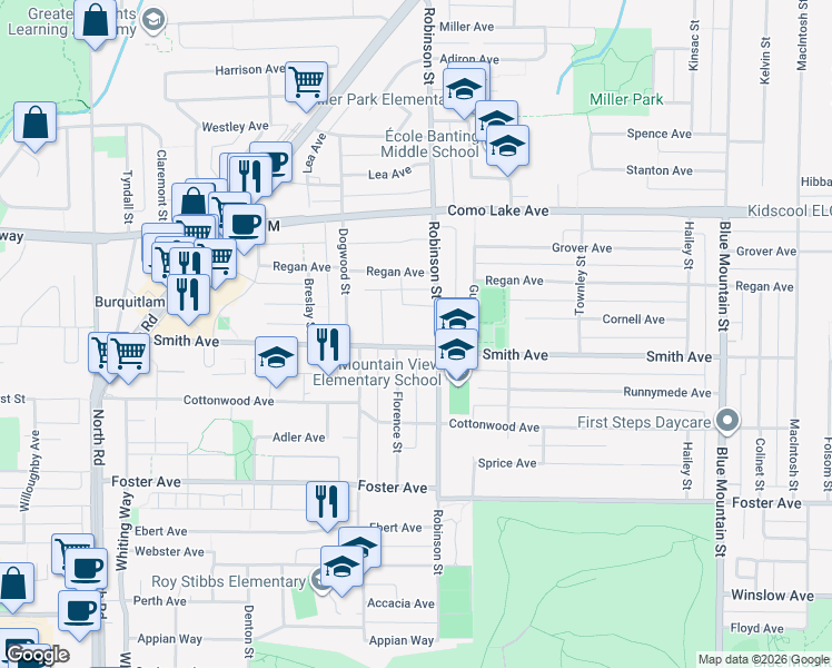 map of restaurants, bars, coffee shops, grocery stores, and more near 729 Smith Avenue in Coquitlam