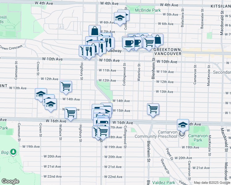 map of restaurants, bars, coffee shops, grocery stores, and more near 3562 West 13th Avenue in Vancouver