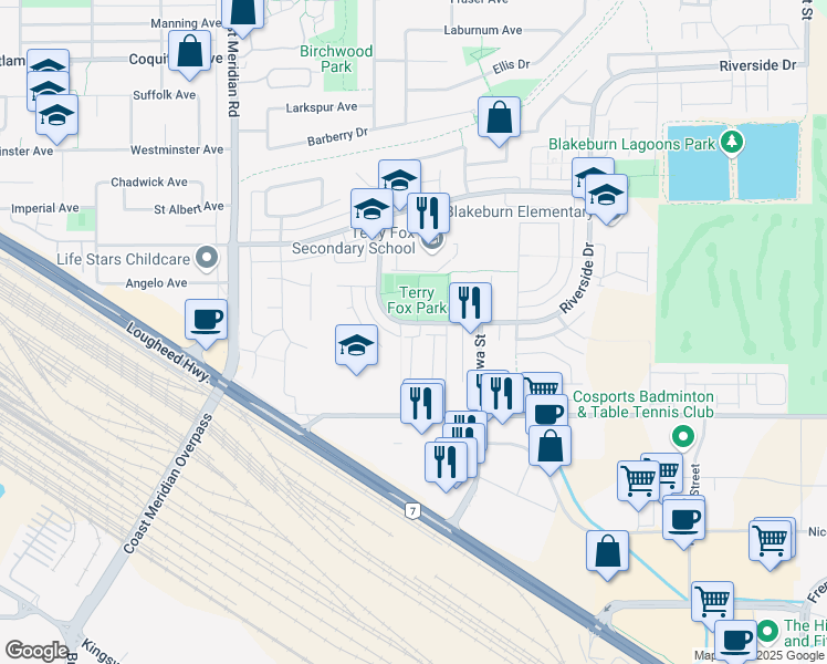 map of restaurants, bars, coffee shops, grocery stores, and more near 1268 Riverside Drive in Port Coquitlam