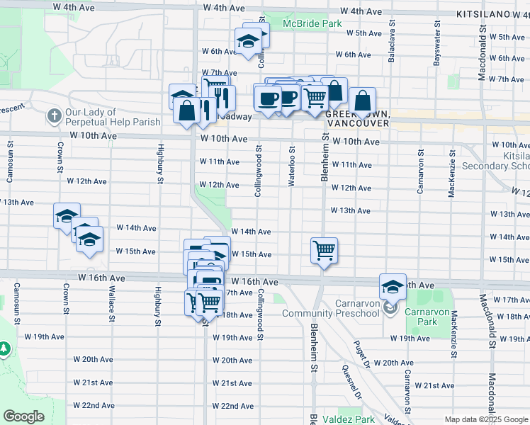 map of restaurants, bars, coffee shops, grocery stores, and more near 3476 West 13th Avenue in Vancouver