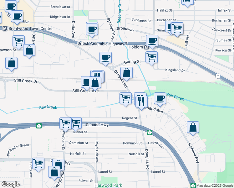 map of restaurants, bars, coffee shops, grocery stores, and more near 5352 Still Creek Avenue in Burnaby
