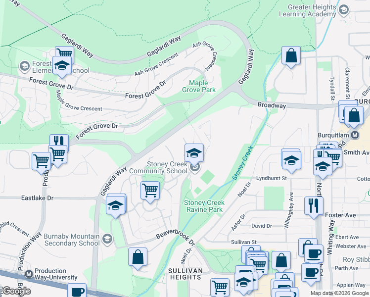 map of restaurants, bars, coffee shops, grocery stores, and more near 9132 Capella Drive in Burnaby