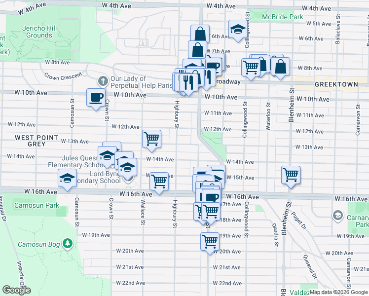 map of restaurants, bars, coffee shops, grocery stores, and more near 3762 West 13th Avenue in Vancouver