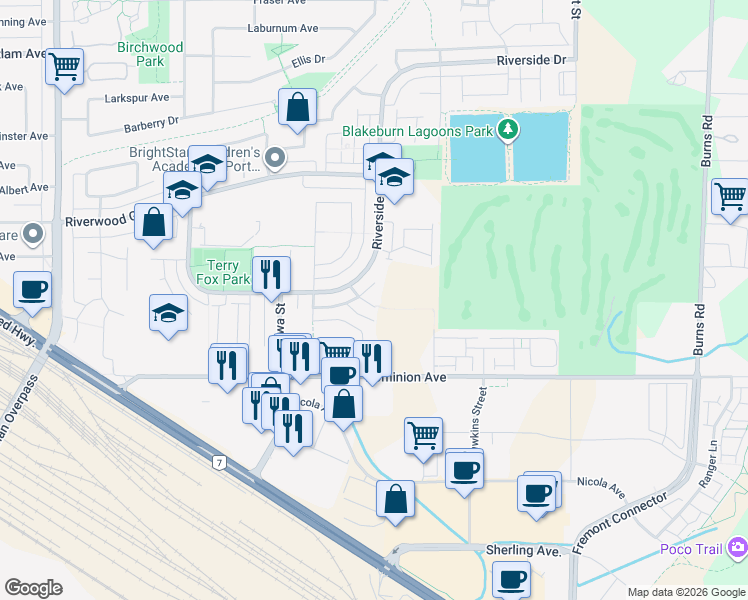 map of restaurants, bars, coffee shops, grocery stores, and more near 2484 Nile Gate in Port Coquitlam