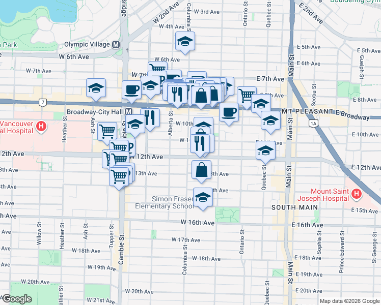 map of restaurants, bars, coffee shops, grocery stores, and more near 2770 Columbia Street in Vancouver
