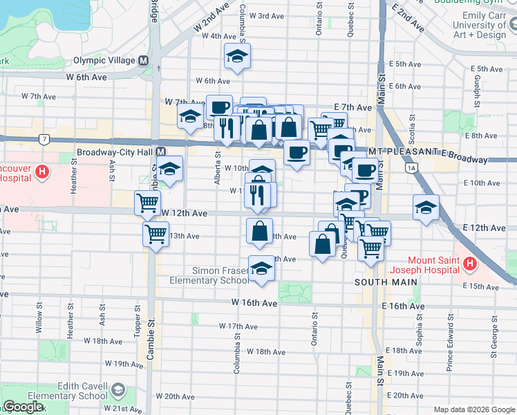 map of restaurants, bars, coffee shops, grocery stores, and more near 139 West 12th Avenue in Vancouver