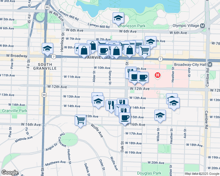 map of restaurants, bars, coffee shops, grocery stores, and more near 2825 Spruce Street in Vancouver