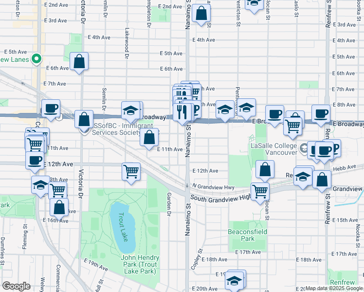 map of restaurants, bars, coffee shops, grocery stores, and more near 2375 East 11th Avenue in Vancouver