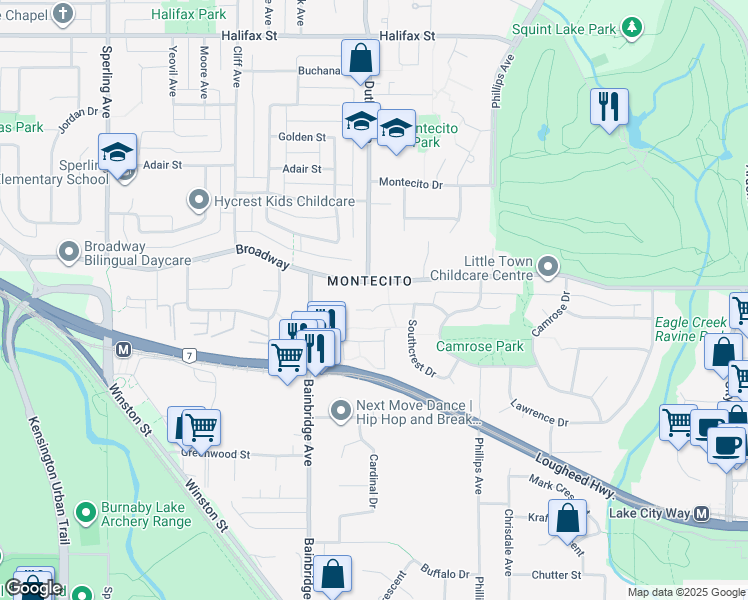 map of restaurants, bars, coffee shops, grocery stores, and more near 7179 Southview Place in Burnaby