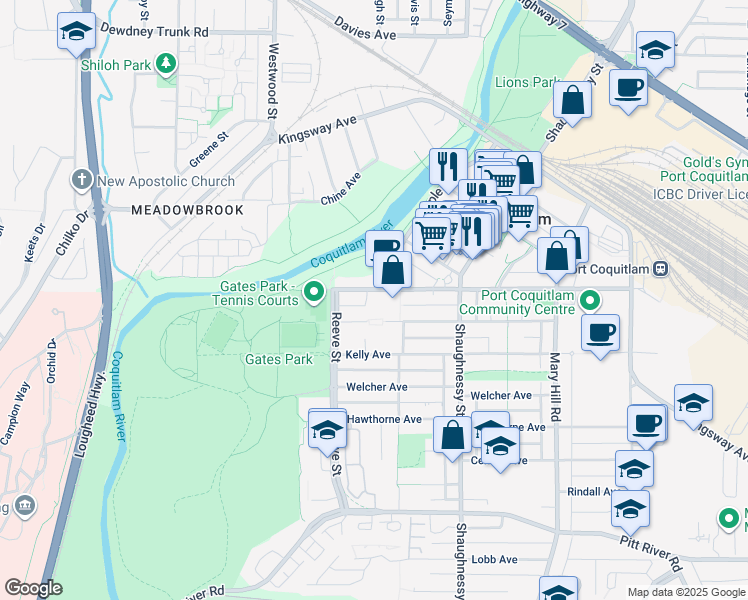 map of restaurants, bars, coffee shops, grocery stores, and more near 2444 Wilson Avenue in Port Coquitlam